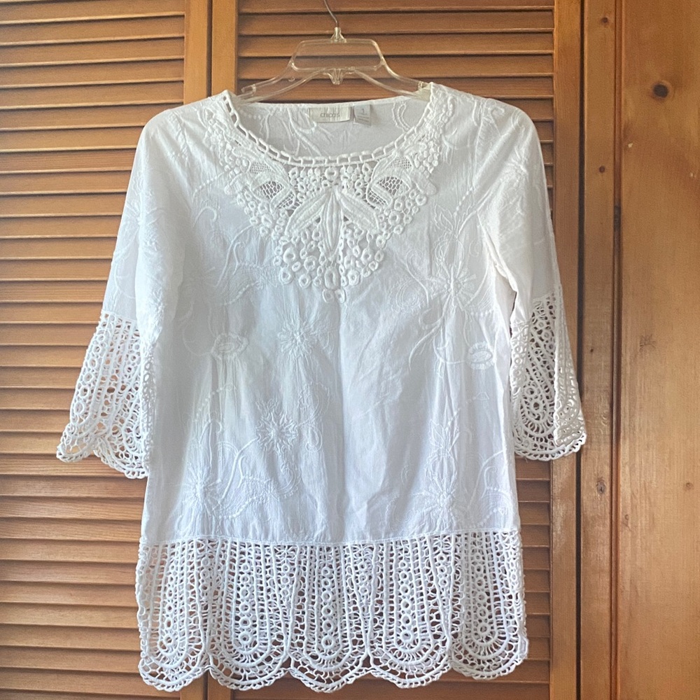 Chico's Ivory Crochet Trim Blouse brand new length 28”pit to pit 20”